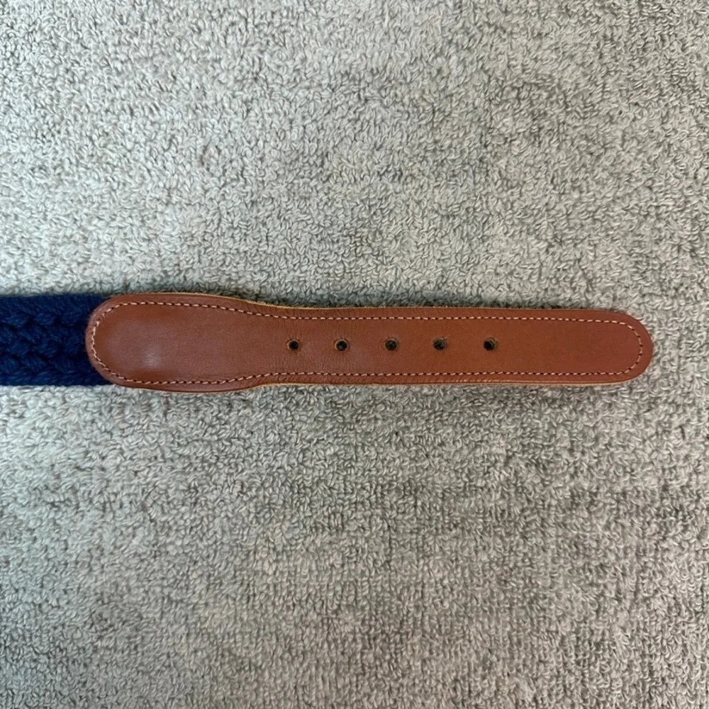 Preston New England Mens 36 Woven Surcingle Belt Navy Blue Brown Leather USA